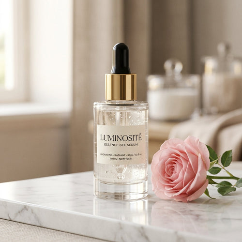 Aura Elixir - Frasco cosmético de lujo minimalista sobre mármol pulido